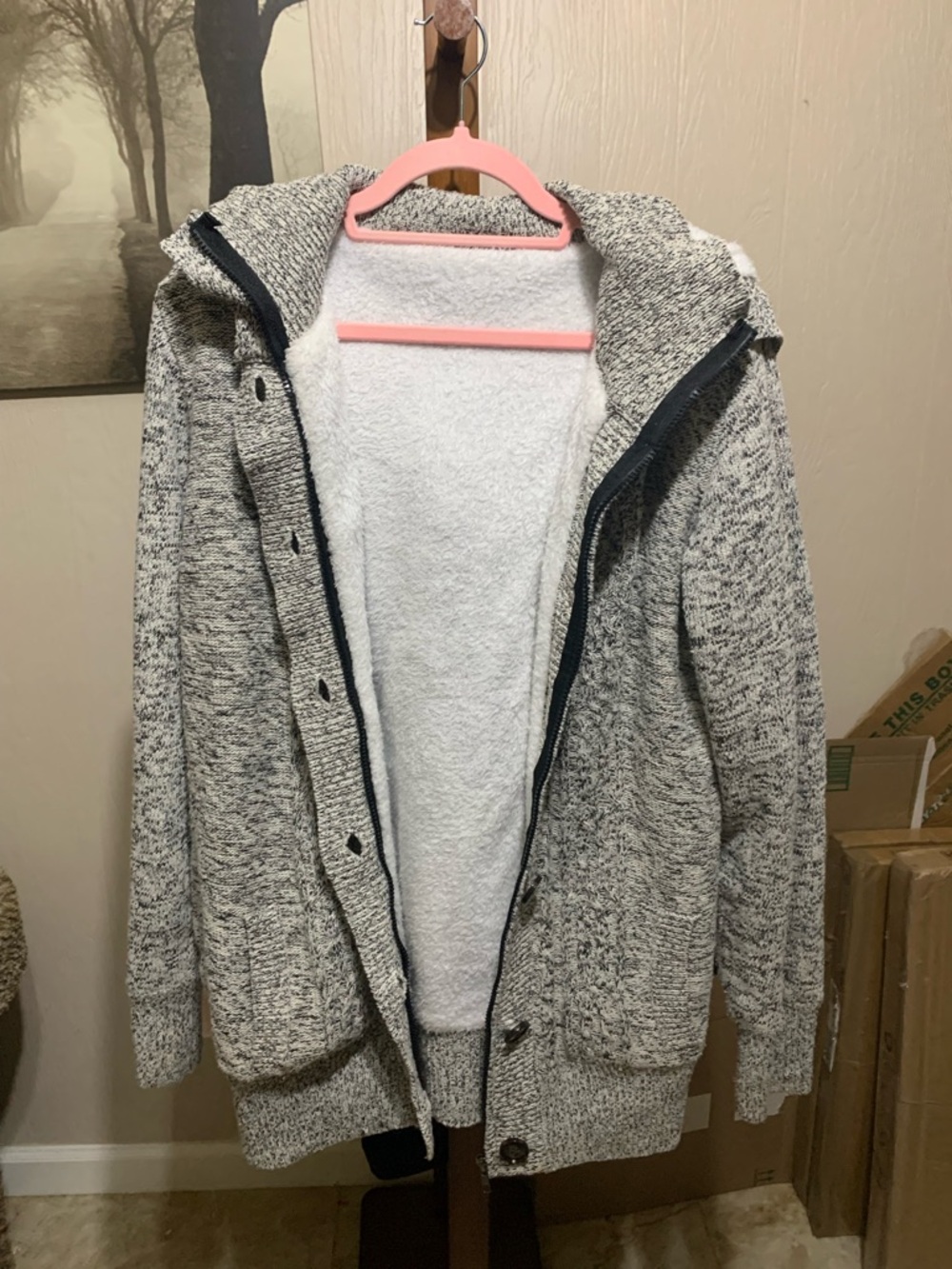 Source Unknown Heather Gray Zip-Up Hooded Sweater with White Sherpa Lining